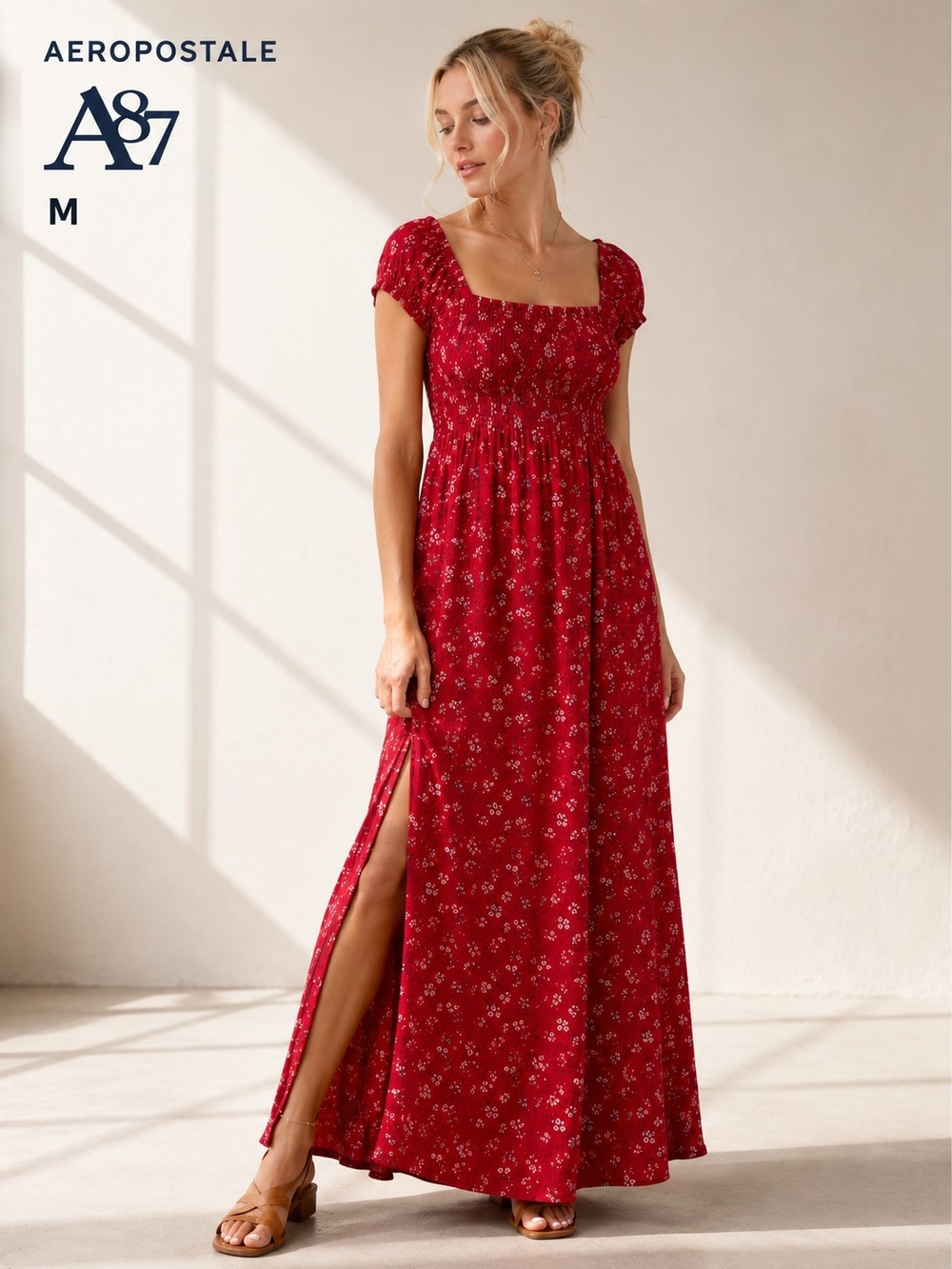 Aeropostale Women’s Red Floral Rayon Maxi Dress Smocked Bodice Size M